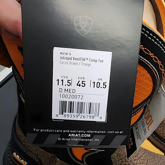 ARIAT Intrepid VentTek Comp Toe MEN'S Size 11.5 D Cocoa Brown/Orange 10020072 - Picture 11 of 15